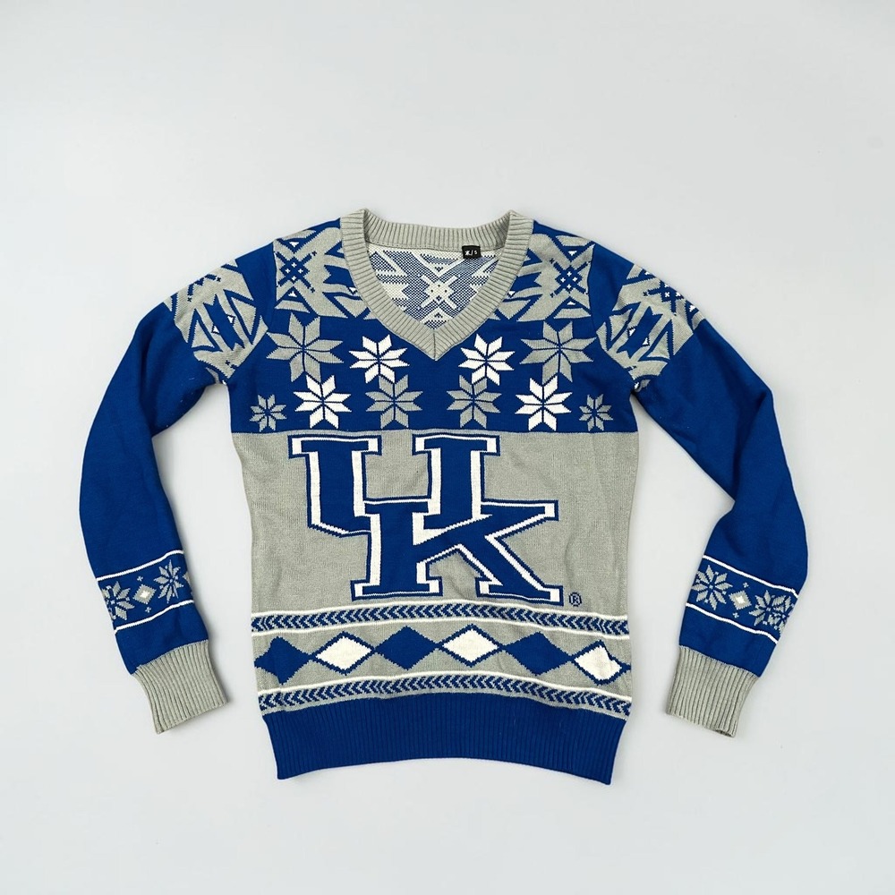 Kentucky Wildcats UK Fair Isle V-Neck Sweater Blue Grey S Ugly Christmas